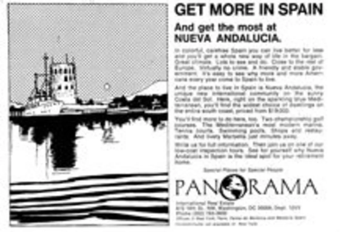 A black and white US newspaper advertisement for Spanish properties from Panorama